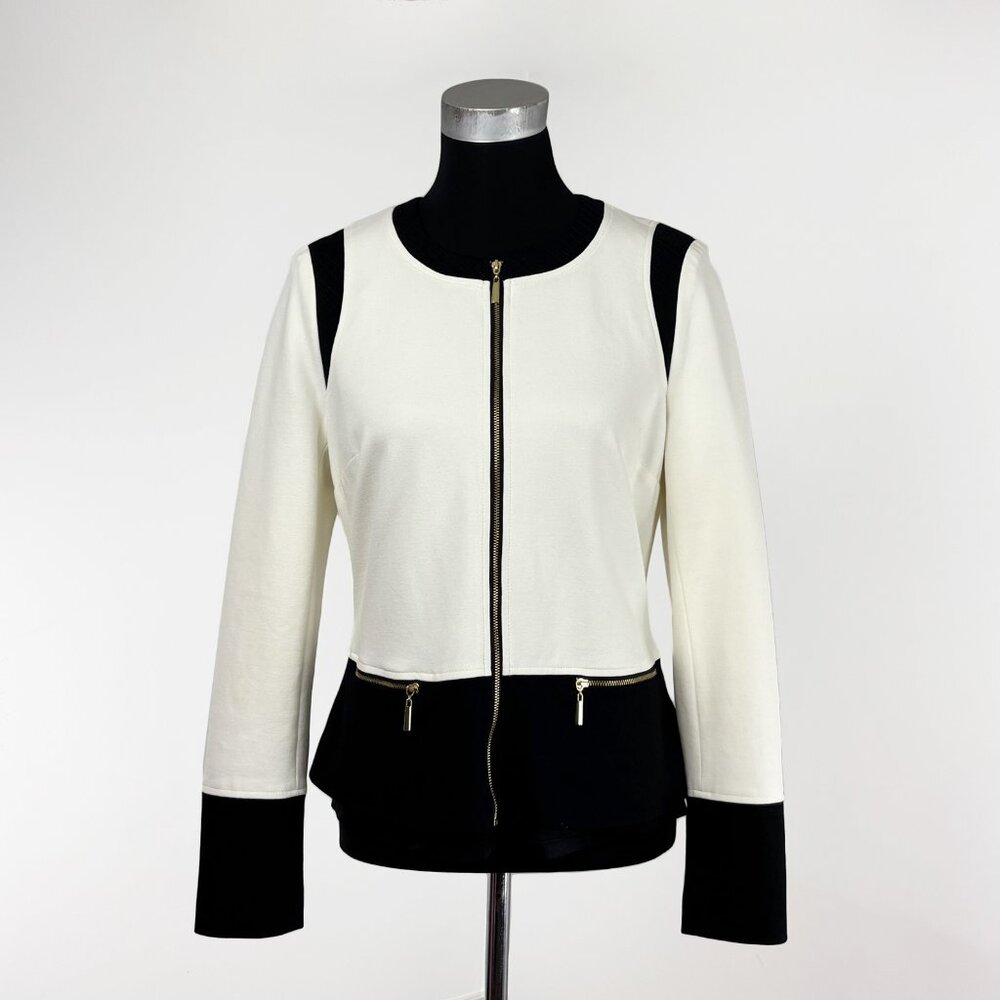 WHBM Colorblock Zip Up Jacket, White & Black Stretch Collarless Blazer, sz 8